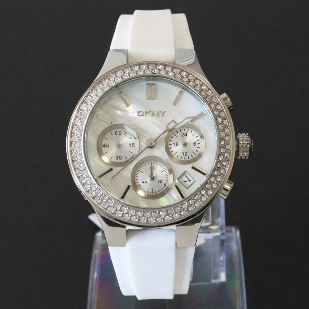 DNKY Women's Chronograph Crystal Bezel Mother Of Pearl Dial Silicone Strap 38mm